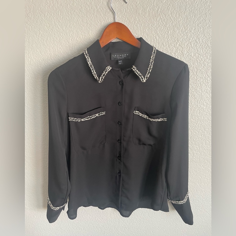 Shelli Segal - Size SMALL - Long-Sleeve Black Blouse with black and white trim.